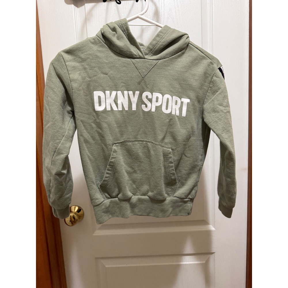 DKNY Sport Girls Sage Green Logo Tape Pullover Hoodie Sweatshirt Size 7